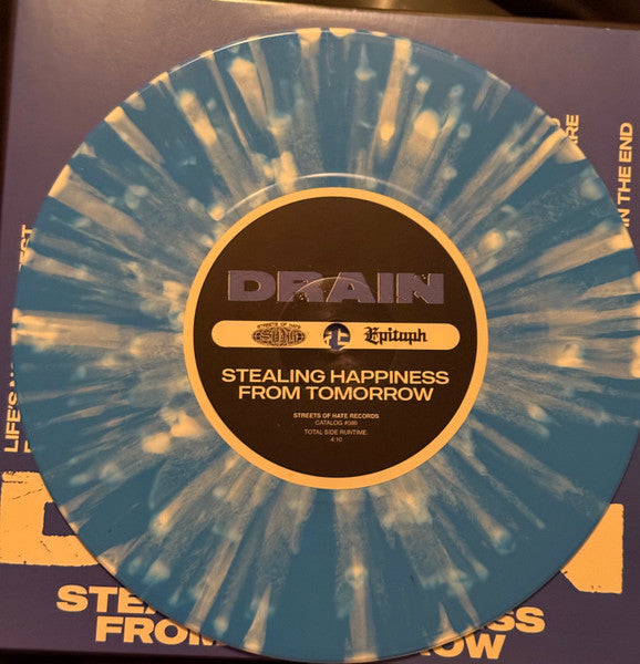 DRAIN - 'STEALING HAPPINESS FROM TOMORROW' SINGEL [7" VINYL-BLUE W/WHITE SPLATTER-W/SILK SCREENED B-SIDE]