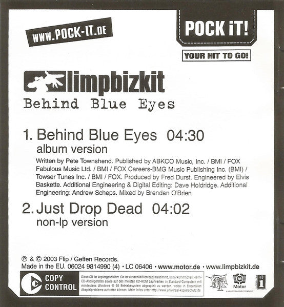 LIMP BIZKIT - 'BEHIND BLUE EYES/JUST DROP DEAD' POCK IT! MINI-CD